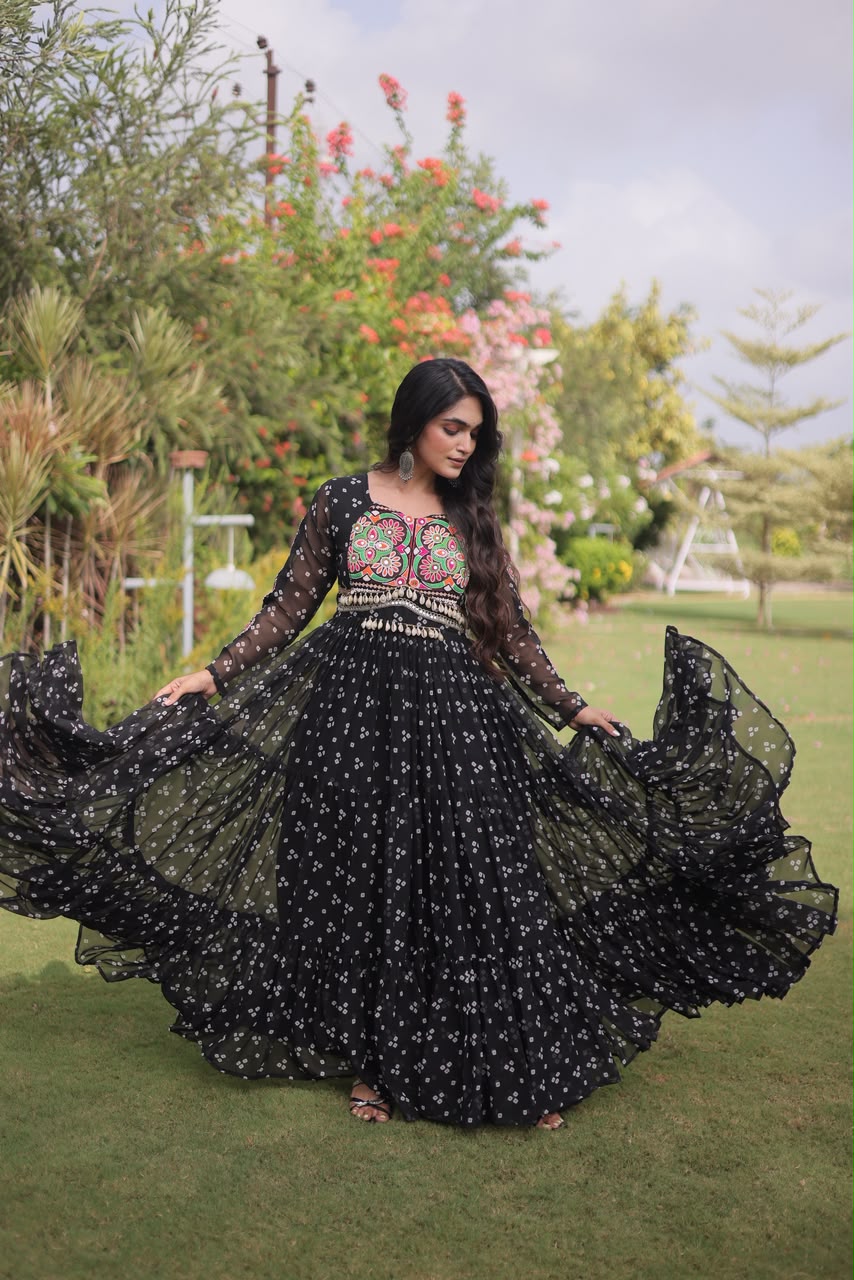 Bandhani Print with Kutchi Patchwork in Faux Georgette