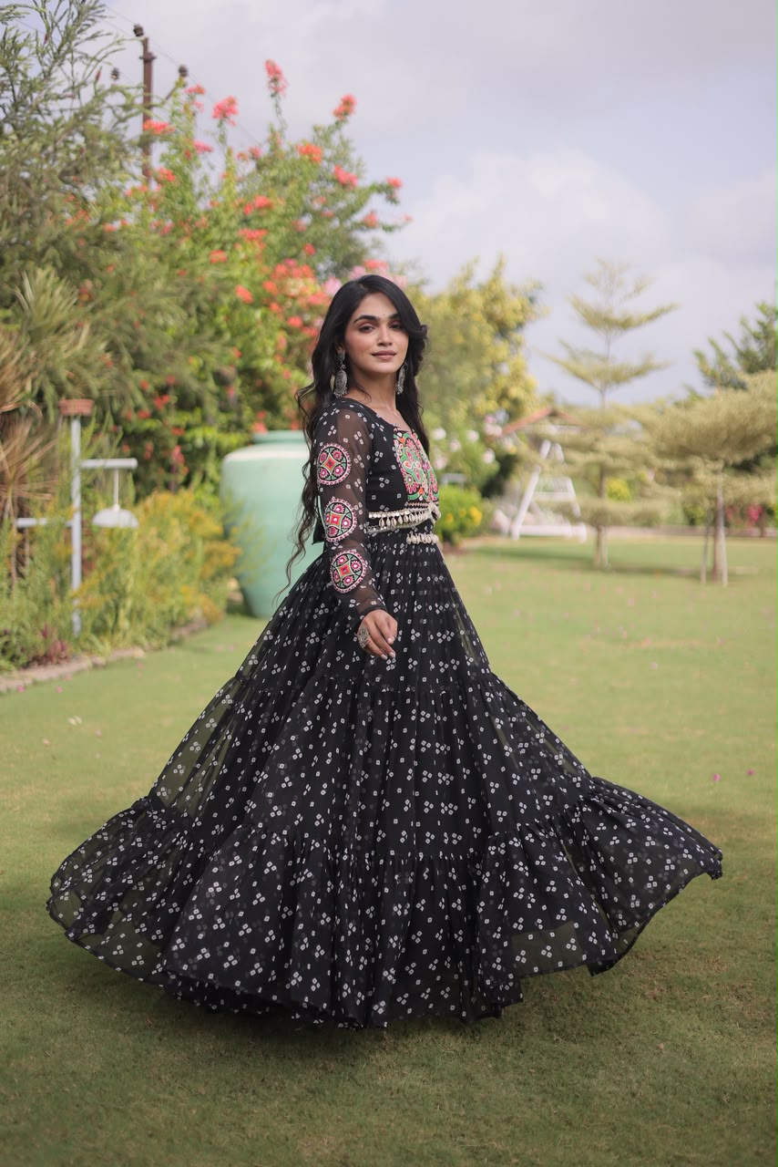 Bandhani Print with Kutchi Patchwork in Faux Georgette