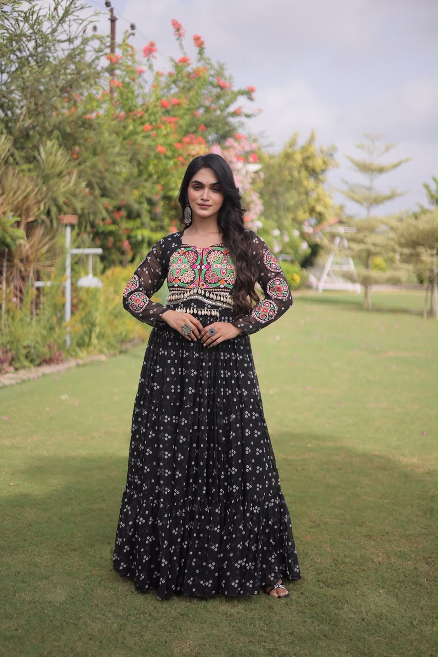 Bandhani Print with Kutchi Patchwork in Faux Georgette