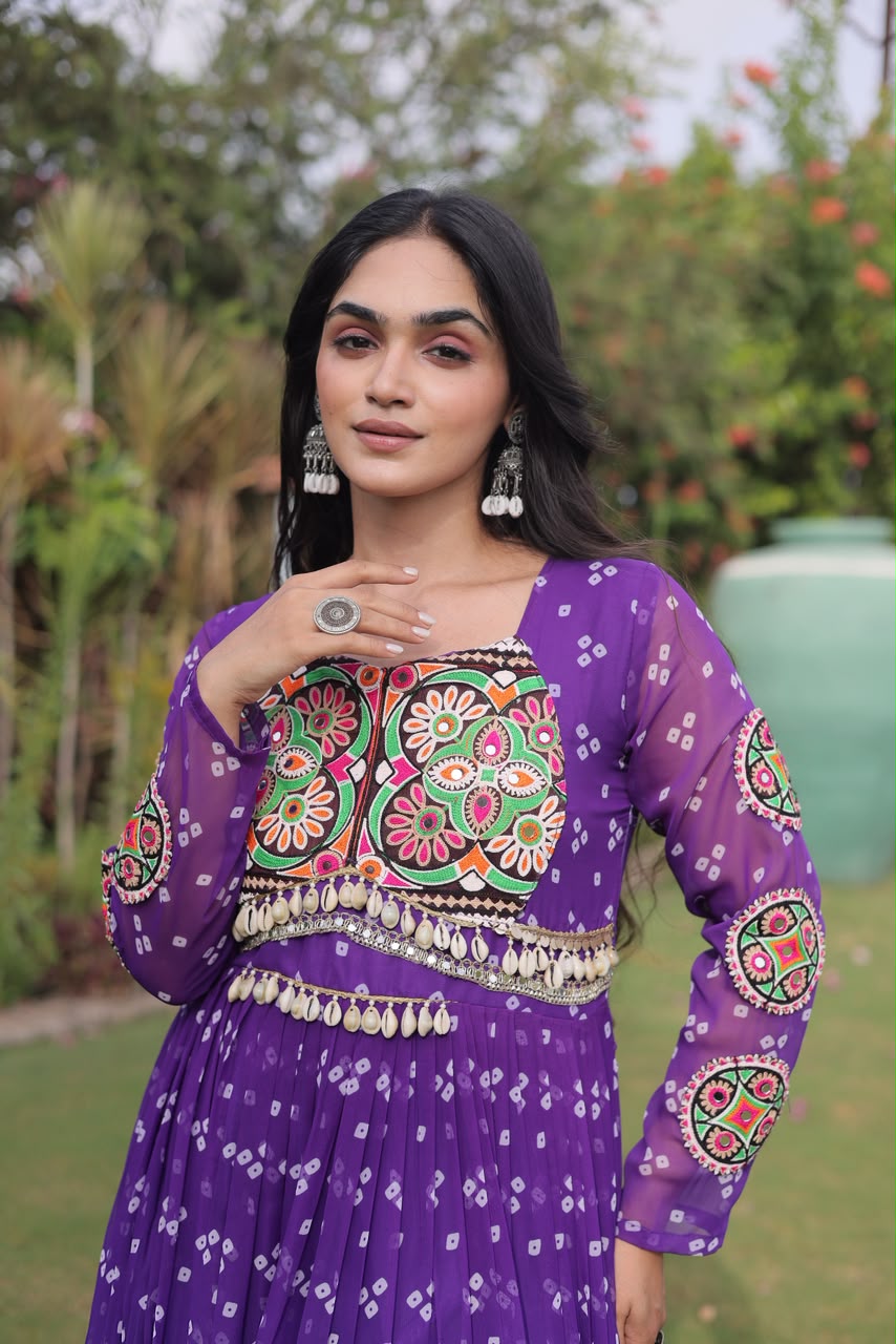 Bandhani Print with Kutchi Patchwork in Faux Georgette