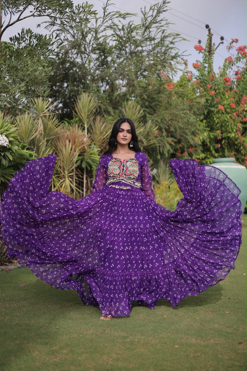 Bandhani Print with Kutchi Patchwork in Faux Georgette