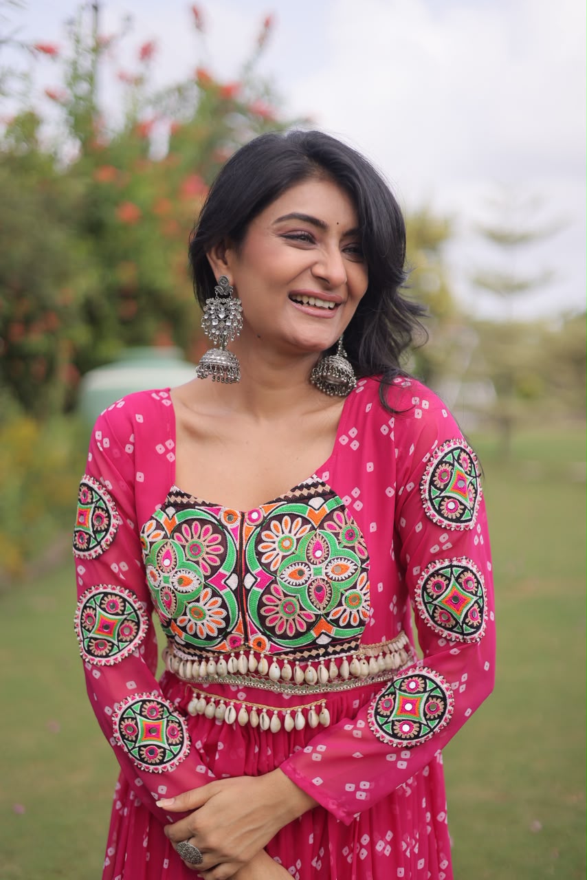 Bandhani Print with Kutchi Patchwork in Faux Georgette