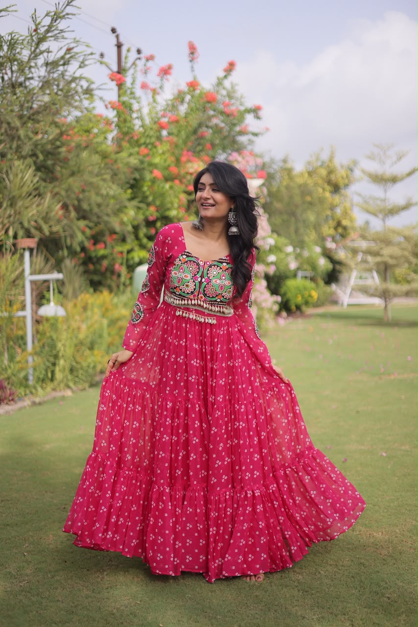 Bandhani Print with Kutchi Patchwork in Faux Georgette