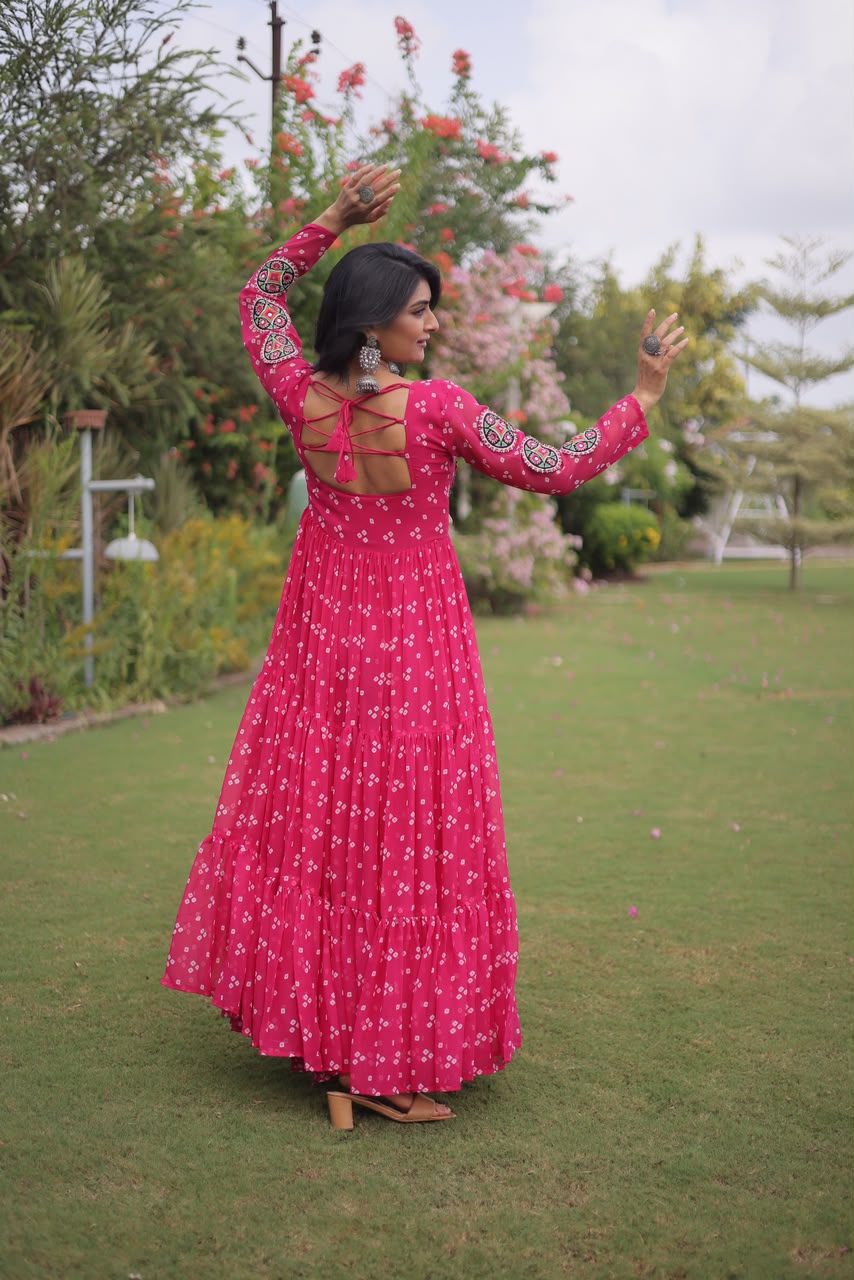 Bandhani Print with Kutchi Patchwork in Faux Georgette