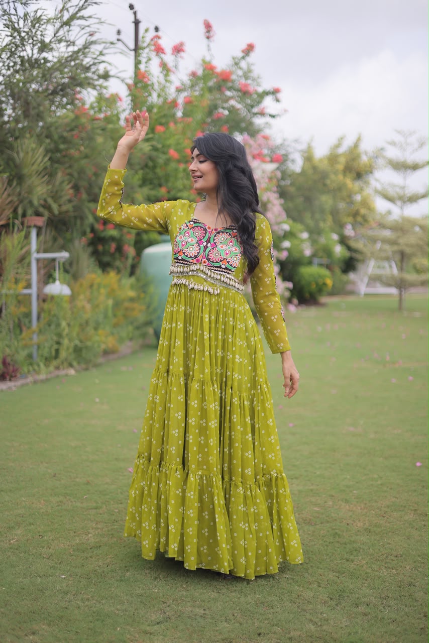 Bandhani Print with Kutchi Patchwork in Faux Georgette