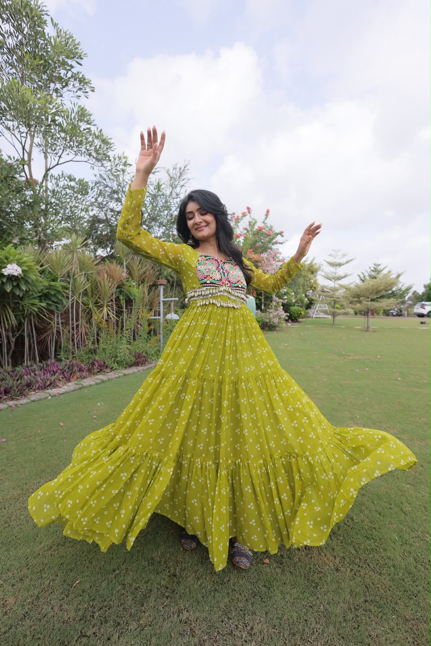 Bandhani Print with Kutchi Patchwork in Faux Georgette