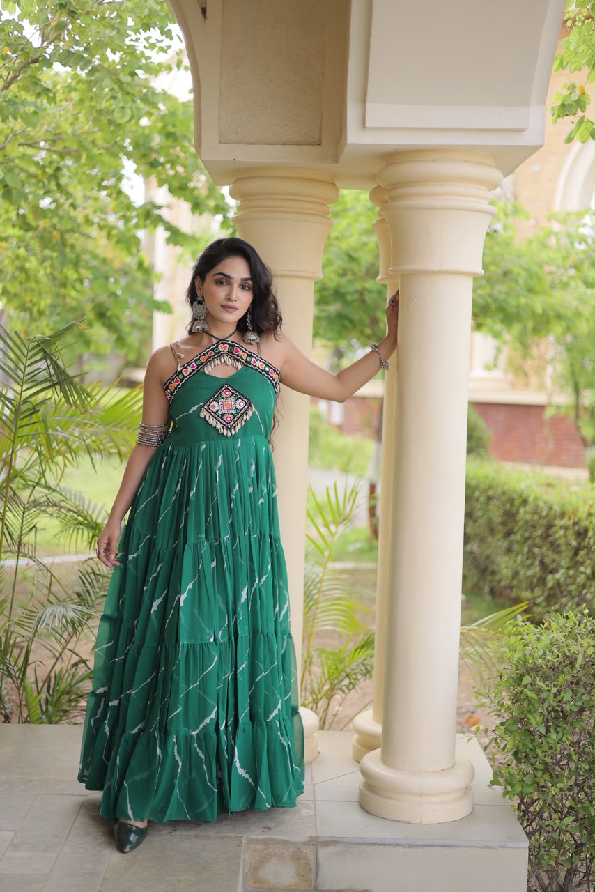 Laheriya Print work with kutchi patchwork in Faux georgette