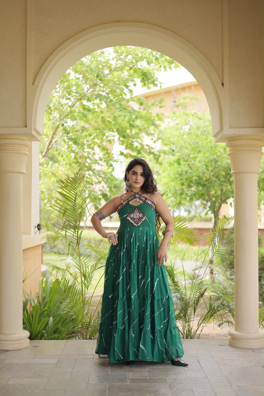 Laheriya Print work with kutchi patchwork in Faux georgette