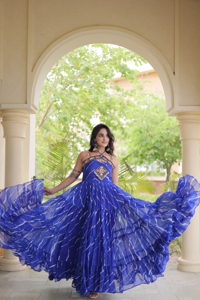 Laheriya Print work with kutchi patchwork in Faux georgette