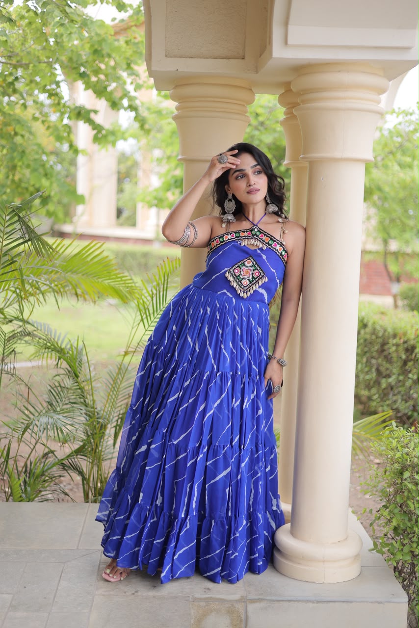 Laheriya Print work with kutchi patchwork in Faux georgette
