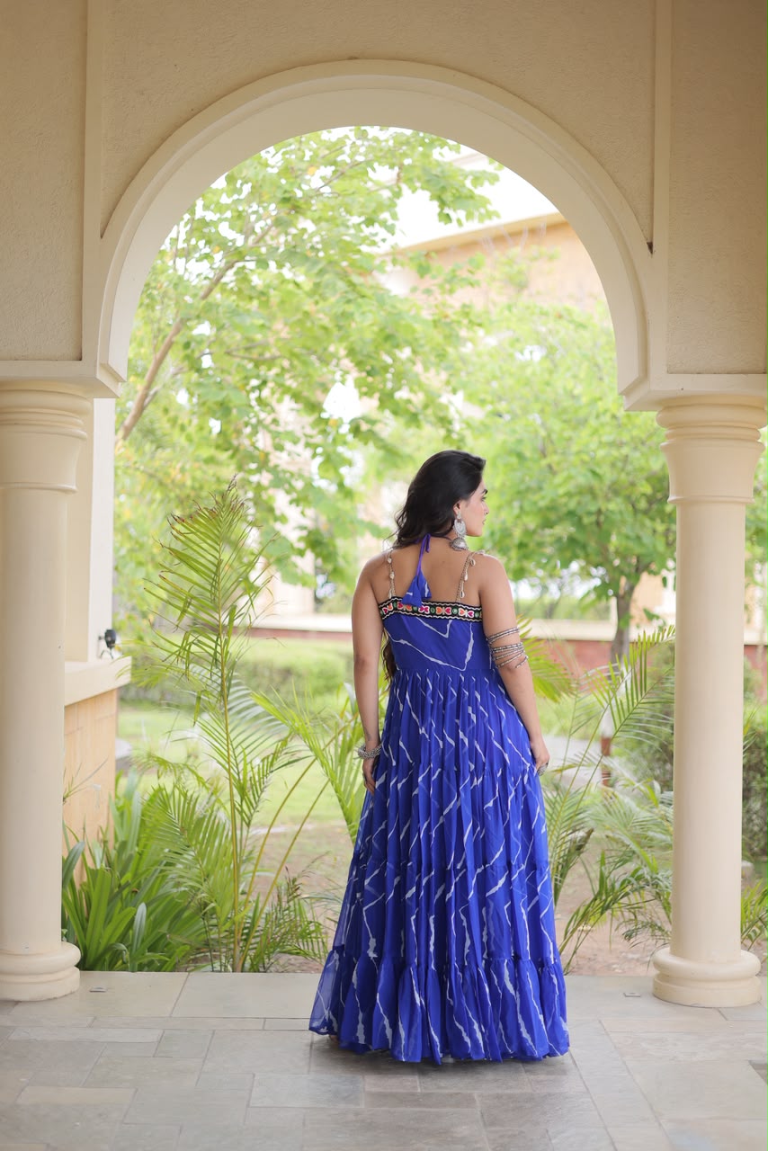 Laheriya Print work with kutchi patchwork in Faux georgette