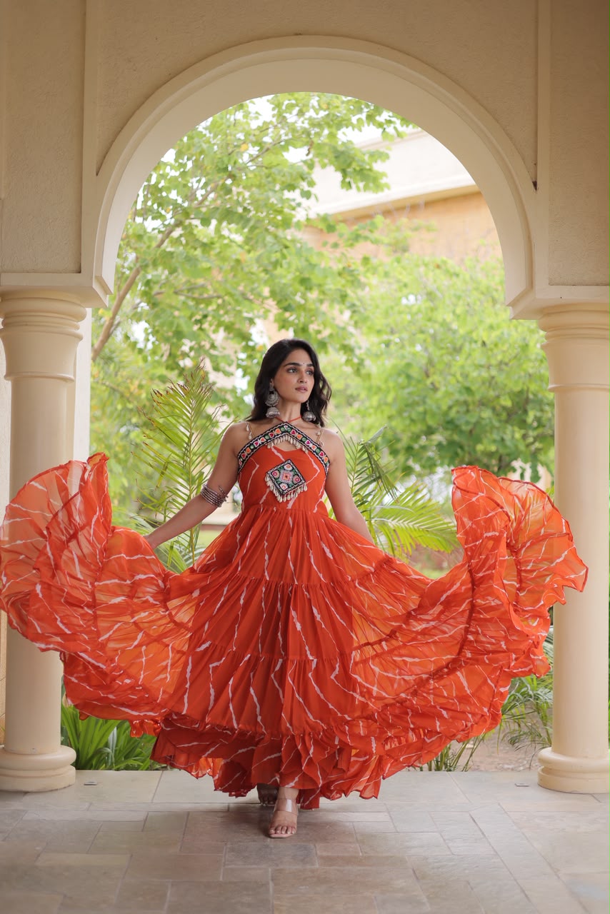 Laheriya Print work with kutchi patchwork in Faux georgette