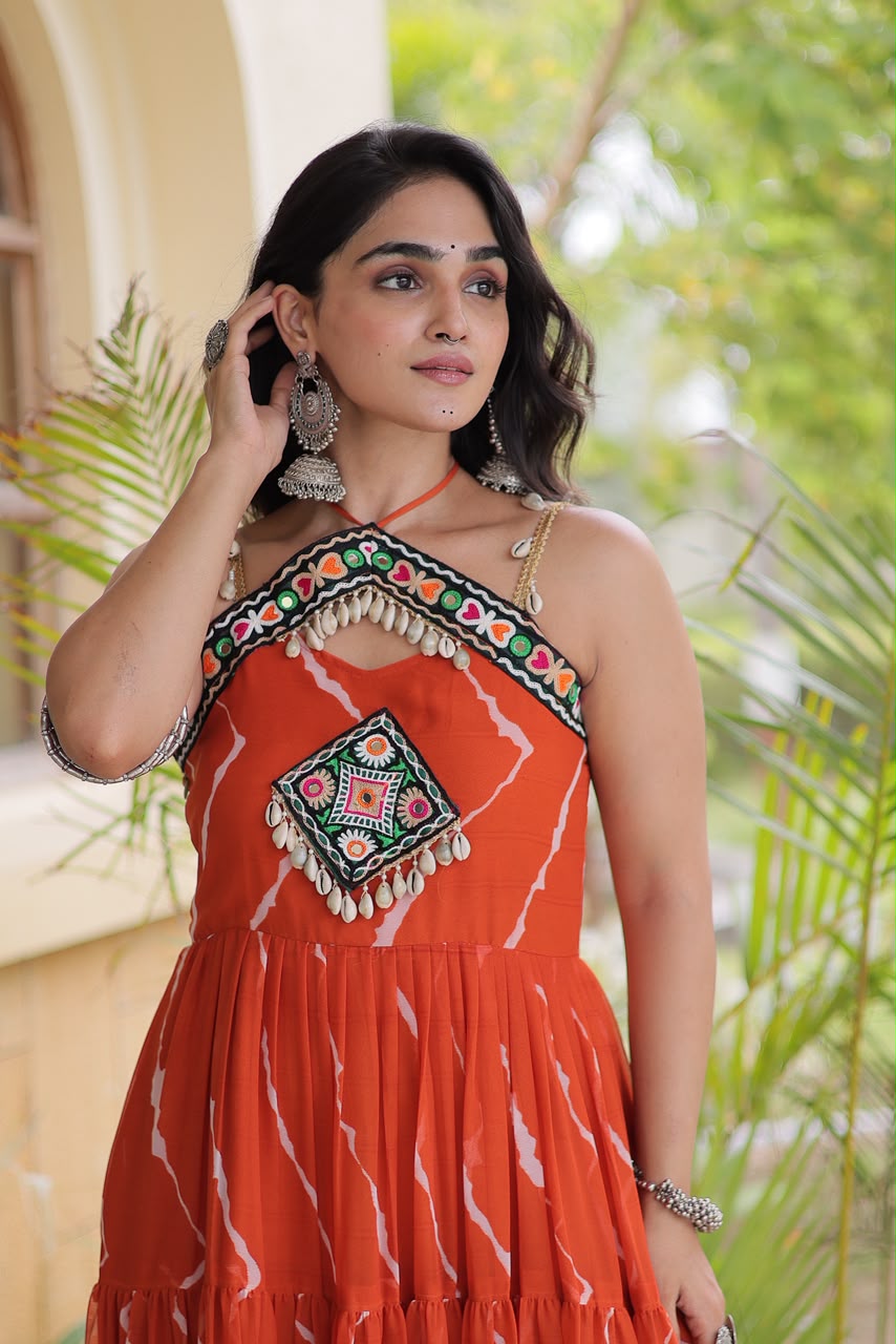 Laheriya Print work with kutchi patchwork in Faux georgette