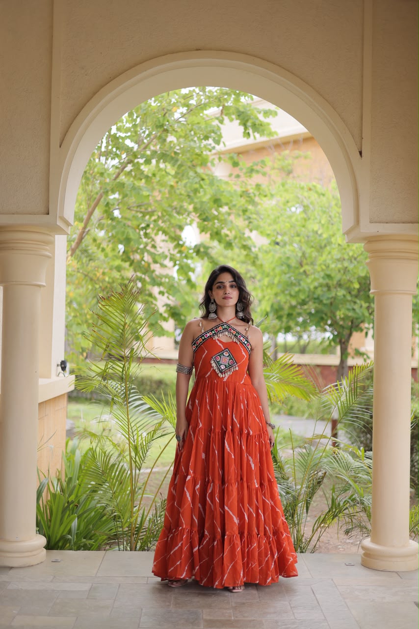 Laheriya Print work with kutchi patchwork in Faux georgette