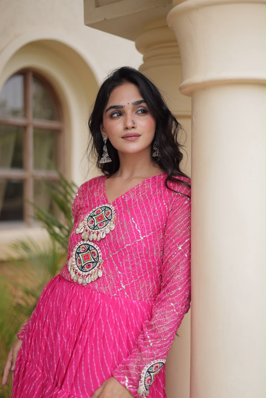 Lehriya print work with Kutchi Patchwork in Faux Georgette