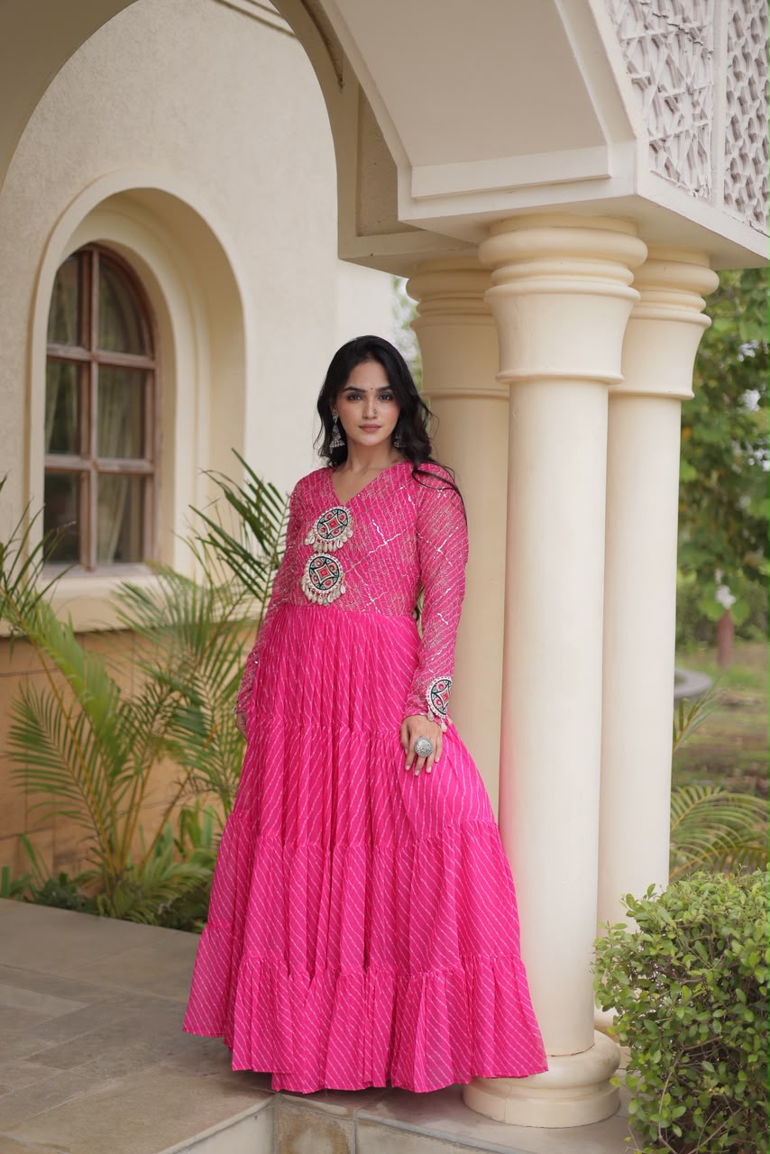 Lehriya print work with Kutchi Patchwork in Faux Georgette