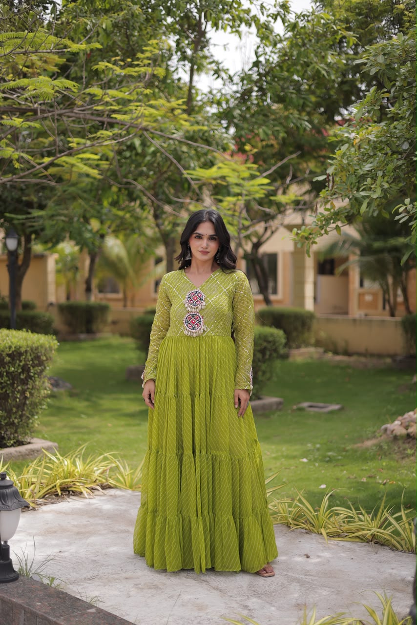 Lehriya print work with Kutchi Patchwork in Faux Georgette