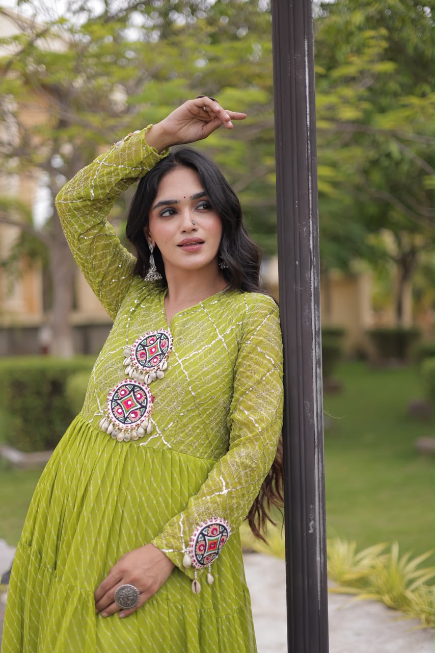 Lehriya print work with Kutchi Patchwork in Faux Georgette