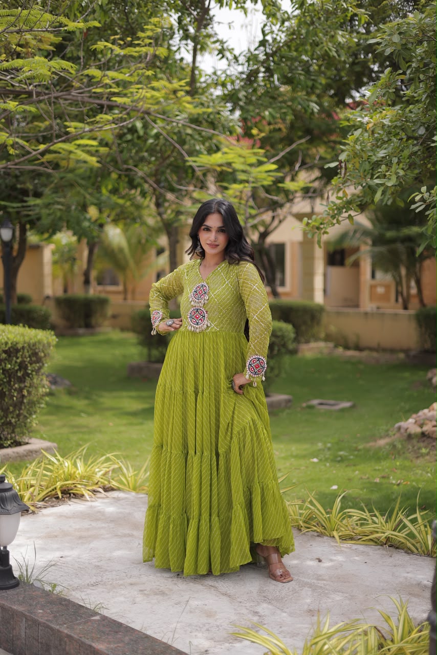 Lehriya print work with Kutchi Patchwork in Faux Georgette