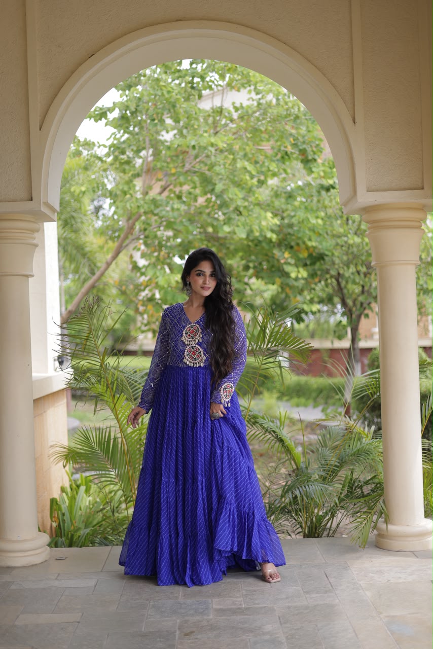 Lehriya print work with Kutchi Patchwork in Faux Georgette