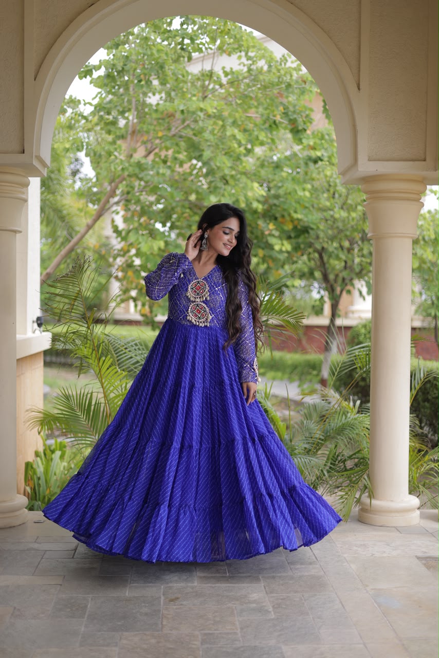 Lehriya print work with Kutchi Patchwork in Faux Georgette